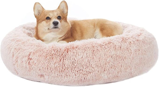Bedfolks Calming Donut Dog Bed, 30 Inches Round Fluffy Dog Beds for Medium Dogs, Anti-Anxiety Plush Dog Bed, Machine Washable Pet Bed (Pink, Medium)