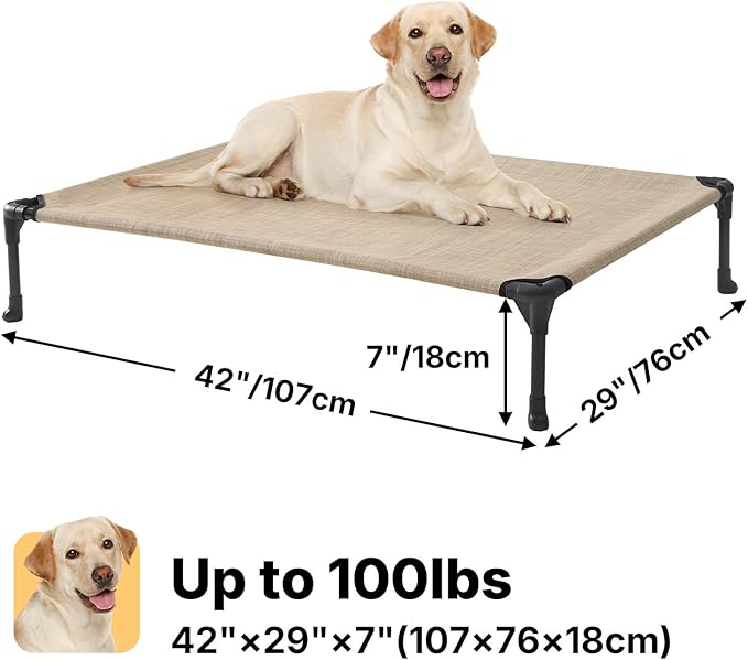 Veehoo Outdoor Elevated Dog Bed Large Sized Dogs, Cooling Raised Dog Cot Off Ground Hammock Pet Beds with Breathable Mesh, No-Slip Feet, 42"x30", Beige Coffee