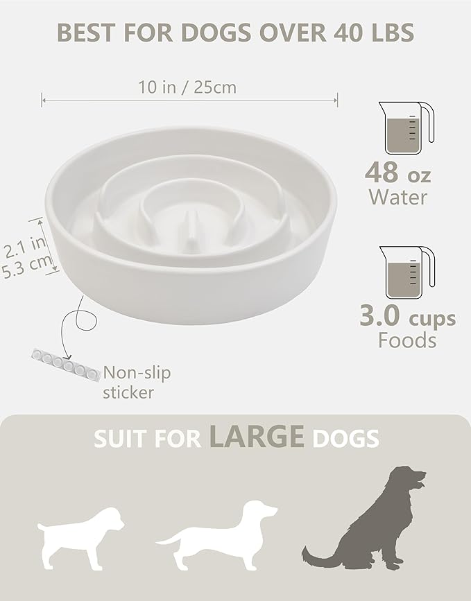 Ceramic Slow Feeder Bowls for Large Dogs, 3.0 Cups Slow Feeder for Fast Eaters, 48oz, 10in, White