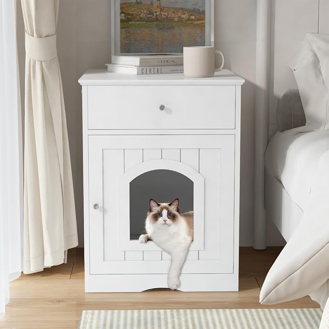 Cat Litter Box Enclosure Furniture with Drawer - Wooden Hidden Litter Box Cabinet, Indoor Pet Crate & Cat House Nightstand, Side Table for Living Room, 18.9" W x 20.9" D (White + Solid Wood)