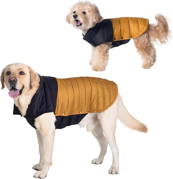 SPACE LION Dog Puffer Jacket, Down Winter Coat, Durable Outdoor Coat for Cold and Windy Conditions, Lightweight & Adjustable Fit Coats for Large Dogs,(BlackKhaki, Size26/3XL)