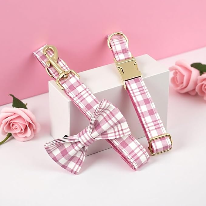 PETDURO Personalized Dog Collar Pink Plaid for Large Medium Dogs | Engraved Name and Phone Number on Gold Metal Buckle for Girls | Add Leash & Bow Tie via Customize Now