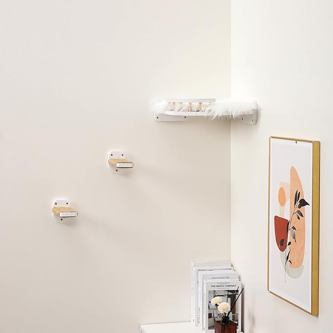 Cat Wall Shelves - 3 Steps Scratch Post & Hammock Bed, Corner Cat Furniture with Plush Covered Climbing Shelf for Indoor Cats (White)