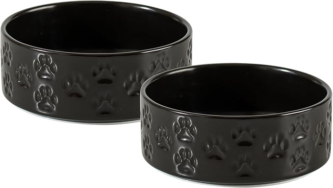 Ceramic Dog Bowl Set, 5.1" Dog Bowls with Anti-Slip Rings for Toy Breed Dogs, 1.6 Cup Food and Water Bowls for Small-Breed Puppy, Adult Cat, Microwave Safe (Double Bowls - Black, 5.1 inch)