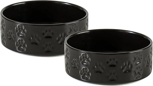 Ceramic Dog Bowl Set, 5.1" Dog Bowls with Anti-Slip Rings for Toy Breed Dogs, 1.6 Cup Food and Water Bowls for Small-Breed Puppy, Adult Cat, Microwave Safe (Double Bowls - Black, 5.1 inch)