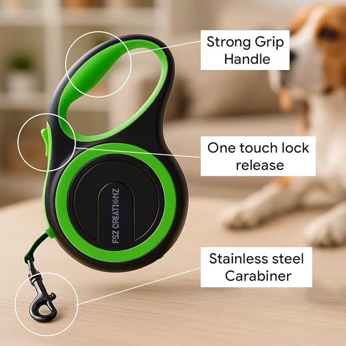 Retractable Dog Leash – 5M Strong Non Chew Nylon Lead with 360° Swivel Hook, One-Touch Lock, Ergonomic Anti-Slip Handle – Green on Black Neon Pet Leash