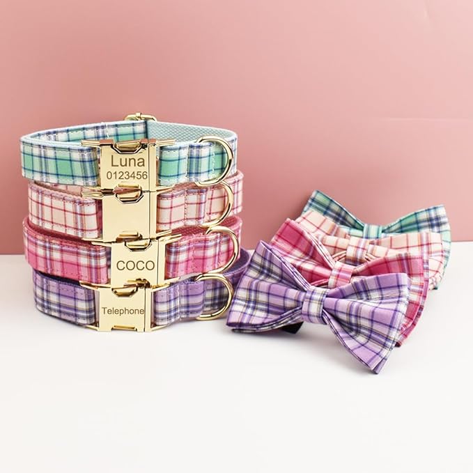 Custom Dog Collar with Metal Buckle - Pet Collars Personalized with Name and Phone Number (New Plaid Style)