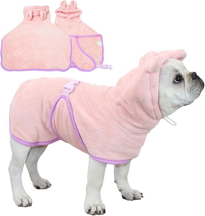 Pet Bathrobe for Dog Cat Absorbently Quick Drying Coat Cute Dogs Bath Towel Hooded Robe Adjustable Collar & Belly Strap for Pool Beach (Pink, Medium)