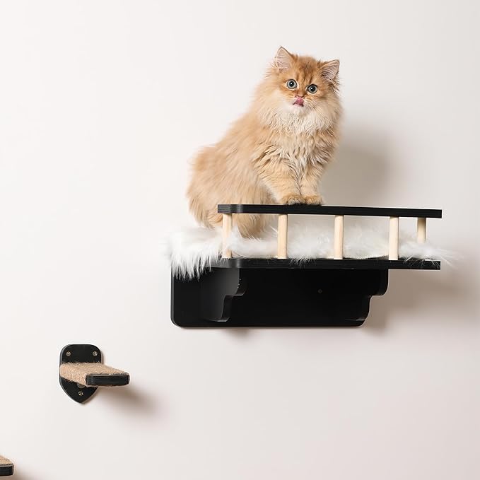 Cat Wall Shelf with 3 Cat Wall Steps,Cat Wall Shelves with Plush Coverd,Cat Climbing Shelf for Indoor Cat,Cat Wall Furniture Cat Shelf for Wall (Black)
