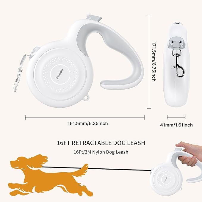 AutoBrake Retractable Dog Leash for Medium and Large Dogs, 360° Tangle-Free Dog Leash and 16Ft Strong Nylon Tape, Ergonomically Comfortable and Lightweight Grip Handle (White)