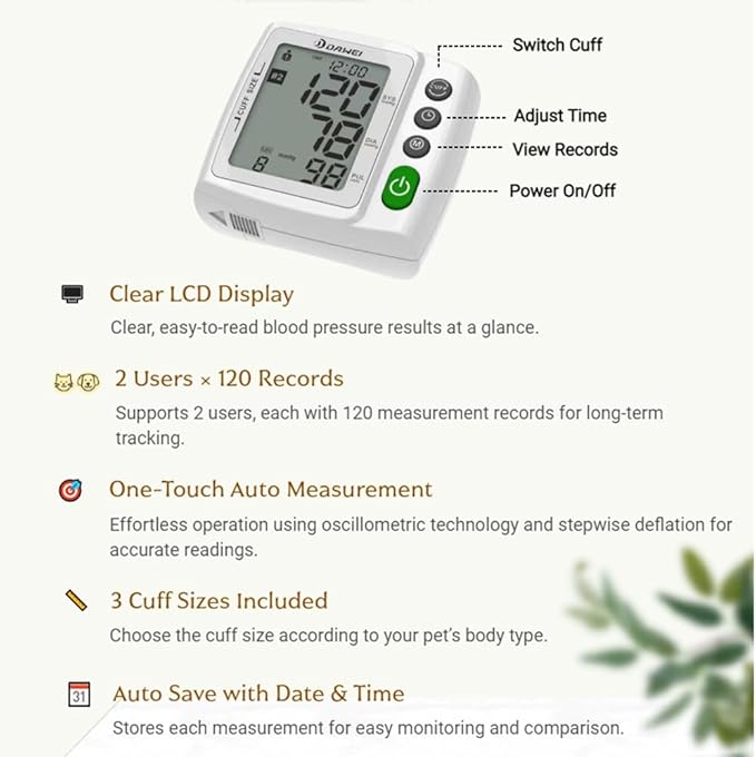 Wearable Digital Veterinary Blood Pressure Monitor for Cats & Dogs, 3 Cuff Sizes (4.2–15cm) Adjustable Range, Automatic BP & Heart Rate Measurement, Dual-User 120 Memory