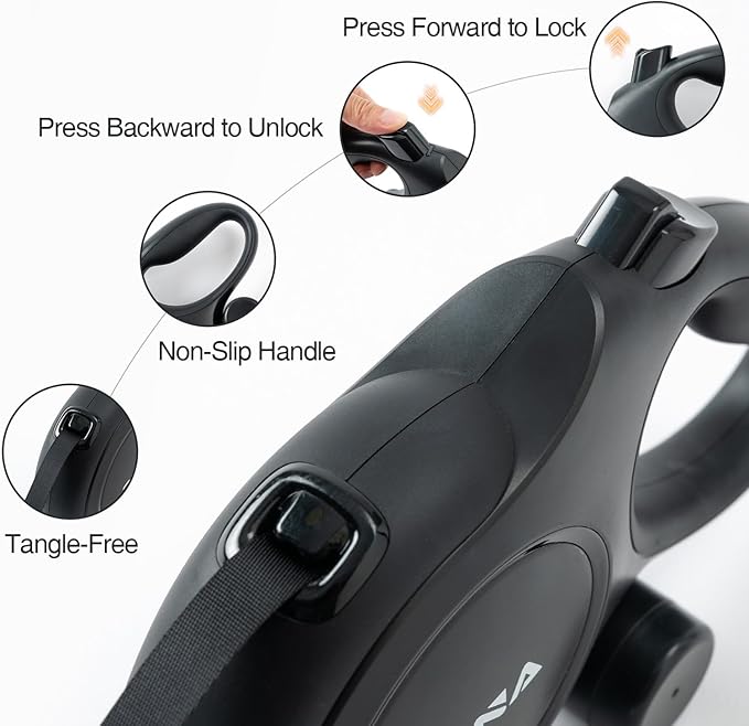 PINA Upgraded Retractable Dog Leash, 26 ft Dog Leash for Small Medium Large Dogs Up to 110lbs, Heavy Duty Reflective Nylon Tape 360° Tangle-Free, with Anti-Slip Handle, One-Handed Brake, Pause, Lock