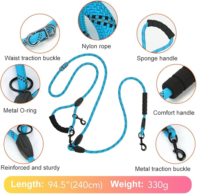 Cymiler Hands Free Dog Leash, 8 Ft Reflective Cross-Body Pet Rope Leashes with Sponge Handle, Heavy Duty Nylon, for Running, Hiking, Training, Waist Leash for Small Medium Large Dogs (Blue)
