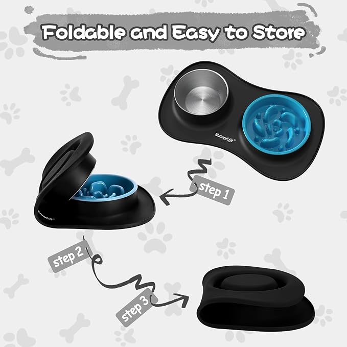 MateeyLife Dog Food Bowl Set 3 in 1, Basic Dog Bowls & Water Stainless Steel Bowl with Non-Spill Silicone Mat, Slow Feeder Bowls for Small, Medium, Large Breeds, Cat Feeding Dish to Anti-Choking