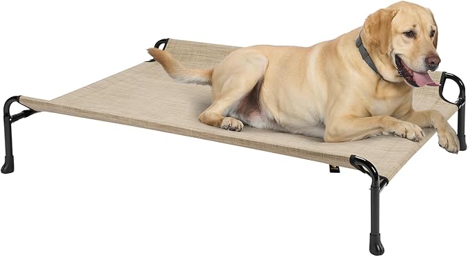 Veehoo Elevated Dog Bed, Raised Dog Cots for Large Dogs, Waterproof Outdoor Dogs Bed, Cooling Pet Hammock with Guardrail, Upgraded Non-Slip Feet, Breathable Teslin Mesh, Beige Coffee, 41x 27 inches