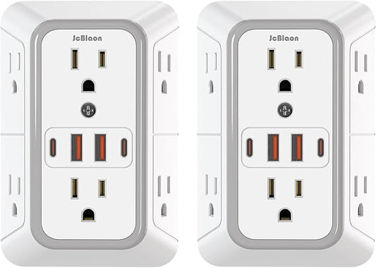 2 Pack Outlet Extender Surge Protector, 6 Outlet Splitter with 4 USB Outlet (2 USB A,2 USB C), 3Sided Power Strip with Adapter Spaced Outlets for Home, Office, Travel(White)