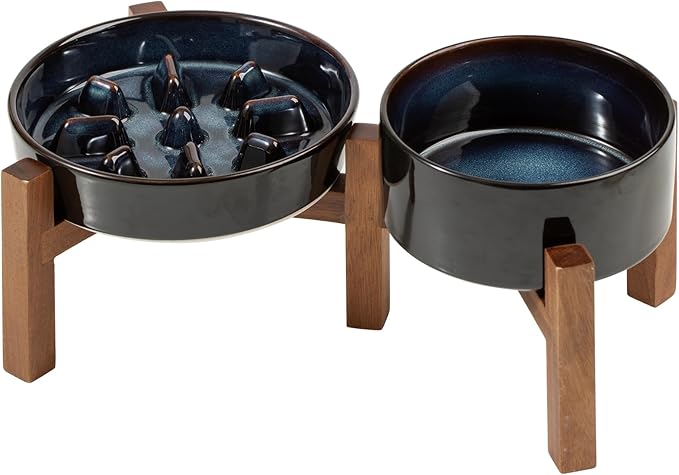 Ceramic 1.2 Cup Raised Slow Feeder Dog Bowl Set, Elevated 6.1inch Bowl and 7.3inch Slow Feeder Dish with Acacia Wood Stand for Small and Medium Dogs (2 x Starry Sky+ Stand)