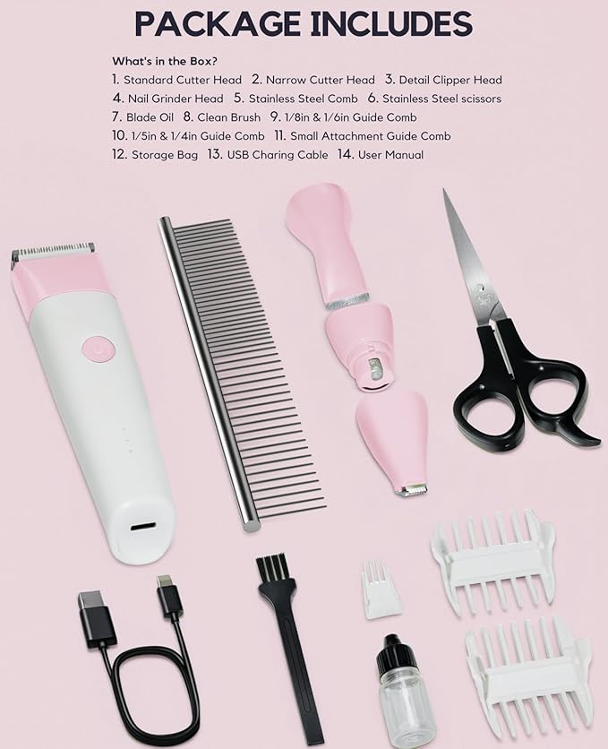 Dog Clippers Grooming Kit, 4 in 1 Quiet Cordless Dog Paw Trimmer & Nail Grinder, Small Cat Clippers Electric Rechargeable Low Noise Pet Shaver for Trimming Hair on Paw Eye Ear Face Rump (Pink)