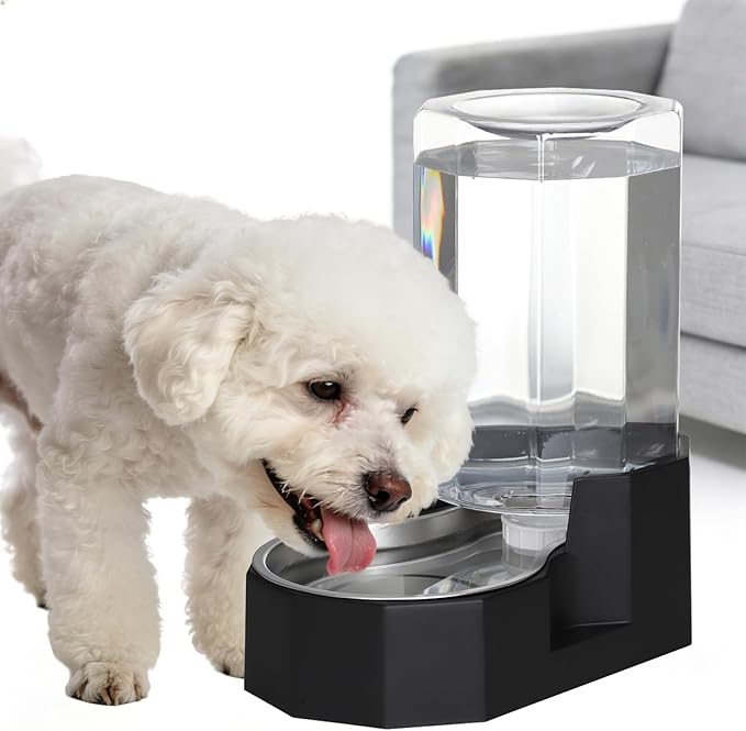 Sfozstra Dog Water Bowl Dispenser: 7L Large Black Gravity Stainless Steel Bowl - with Specialized Brush - Pet Feeder for Pets with Spinal Problems - Use in Garage Garden