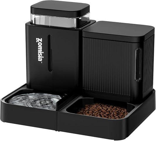 Automatic Cat Feeder and Water Dispenser Set, 2 in 1 Gravity Cat Food Dispenser with 180 Degree Rotatable, Pet Self Feeding Large Capacity for Small Dogs Puppy Kitten, Black, 0.8 Gallon x 2