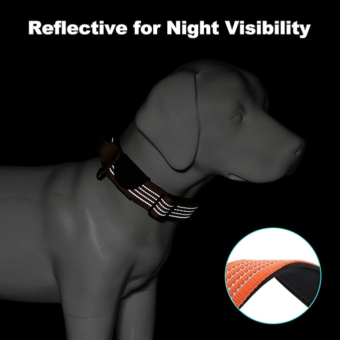 Plutus Pet Tactical Dog Collar with Tracker Packet for AirTag, Adjustable Reflective Nylon Collar, Metal Buckle, Leather-Wrapped Handle, Soft Padded for Medium Large Dogs (Orange, M)