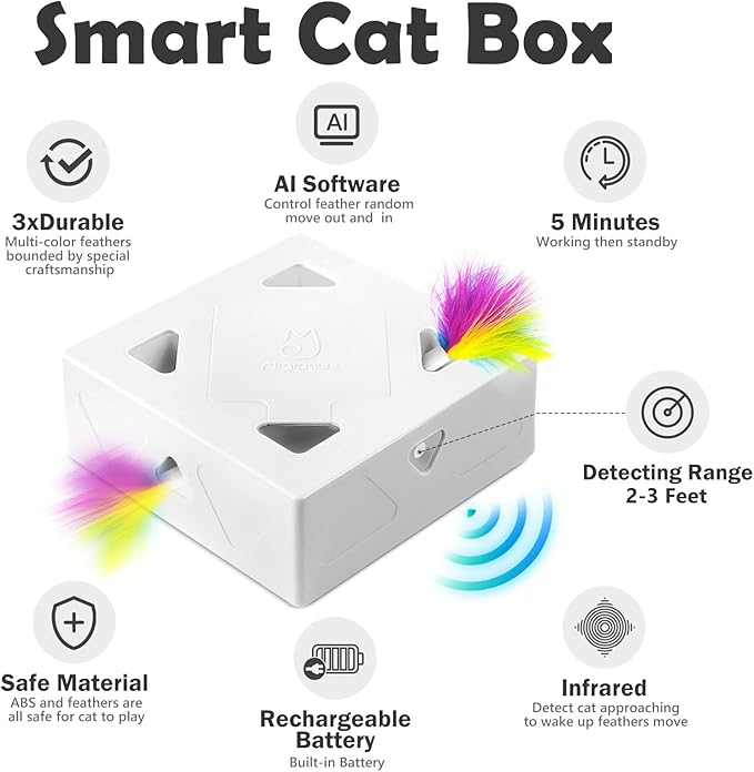 Interactive Cat Toys -Migibox for Indoor Bored Cats, Automatic Pop Out Feathers from 7 Holes Randomly, Motion Activated, USB Rechargeable (Purple Skin)