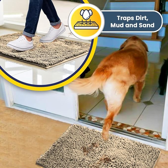 Muddy Mat® AS-SEEN-ON-TV Highly Absorbent Microfiber Door Mat and Pet Rug, Non Slip Thick Washable Area and Bath Mat Soft Chenille for Kitchen Bathroom Bedroom Indoor and Outdoor - Beige 3ft x 8ft