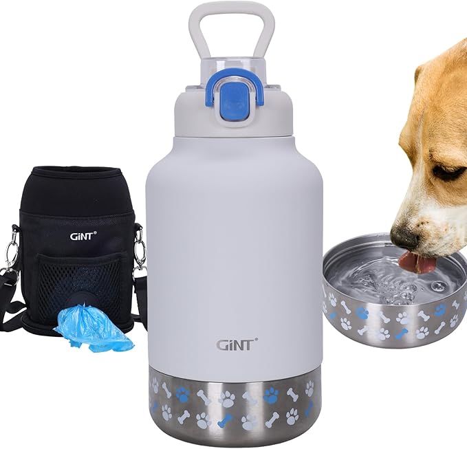 GiNT 37oz Insulated Stainless Steel Dog & Human Water Bottle, All-in-1 Travel Dispenser with Detachable Bowls & Carrying Case, Leak-Proof Pet Canteen for Walking, Hiking, Camping, Car (White)