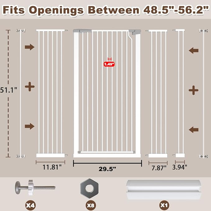 Fairy Baby 51.18" Extra Tall Pet Gate for Doorways, 48.5"-56.2" Extra Wide Long Baby Gate for Stairs, Metal Pressure-Mounted Walk-Through Dog Gate, Auto Close Safety Child Gate Indoor Use, White