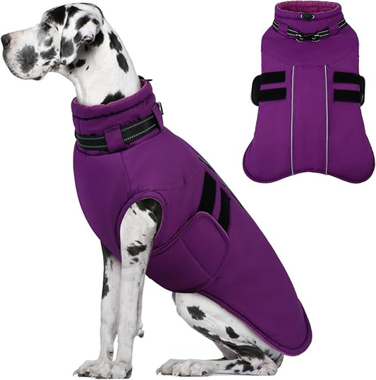 IECOii Big Dog Winter Coat for Giant Breed Dogs Waterproof Dog Jacket with Built in Collar, Reflective Dogs Coat Pet Snow Jacket for Great Dane Saint Bernard, Easy Outdoor Walking, Purple - 5XL