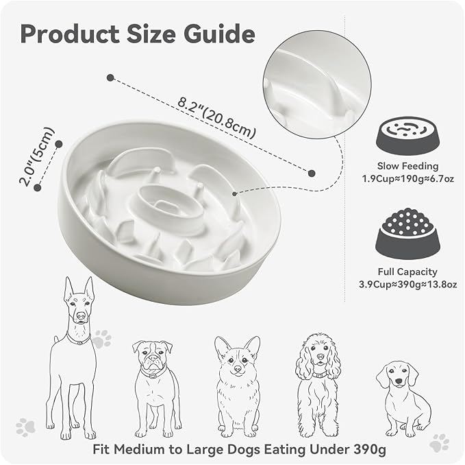 Ceramic Slow Feeder Dog Bowl - Maze Dog Bowl to Slow Down Eating - Fun Feeder for Fast Eaters - Ideal Food Control Dish for Medium to Large Breeds - 8.2 Inch - 1.8 Cups (180g) - White