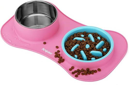 Slow Feeder Dog Bowls 3 in 1 Stainless Steel Dog Food and Water Bowls with Non-Spill Non-Skid Silicone Mat to Slow Down Eating for Large Medium Small Breed Size Dogs and Cats