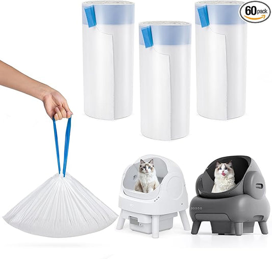 60 Pack Cat Litter Bags Liners for Neakas M1 and Pet Pivot Autoscooper 11 Open-Top Self-Cleaning Cat Litter Box, Heavy Duty 3 Mil Thickness Drawstring Leak-Proof Replaced Waste Bags, 27.17" x 13"