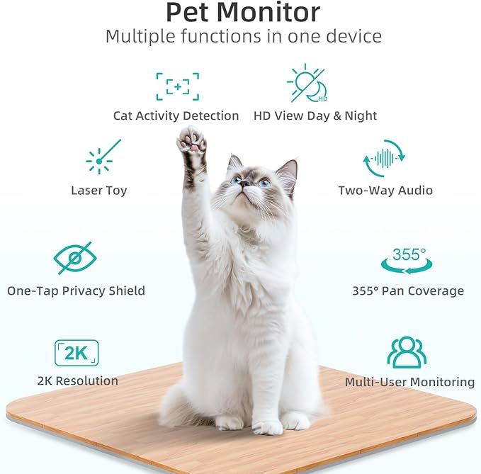 ASFSKY Pet Camera 2K Indoor Cat Camera Auto-Tracking for Cats, Cat Laser, Motion Detection Alerts, Night Vision, 2-Way Audio of pet Monitor, Cat Dog Home Security Camera with Phone App （Light Green）