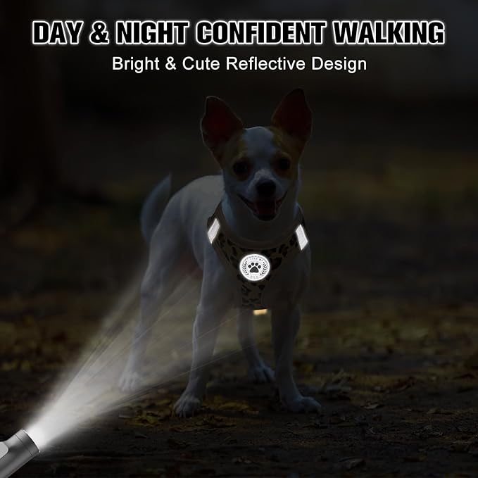 BEAUTYZOO Step in Dog Harness and Leash Set,Reflective Dog Harness No Pull No Choke Puppy Harness for Small Medium Large Dogs Cats,Soft Padded Mesh Vest Harnesses for Girl Boy Pets,Leopard Khaki XS