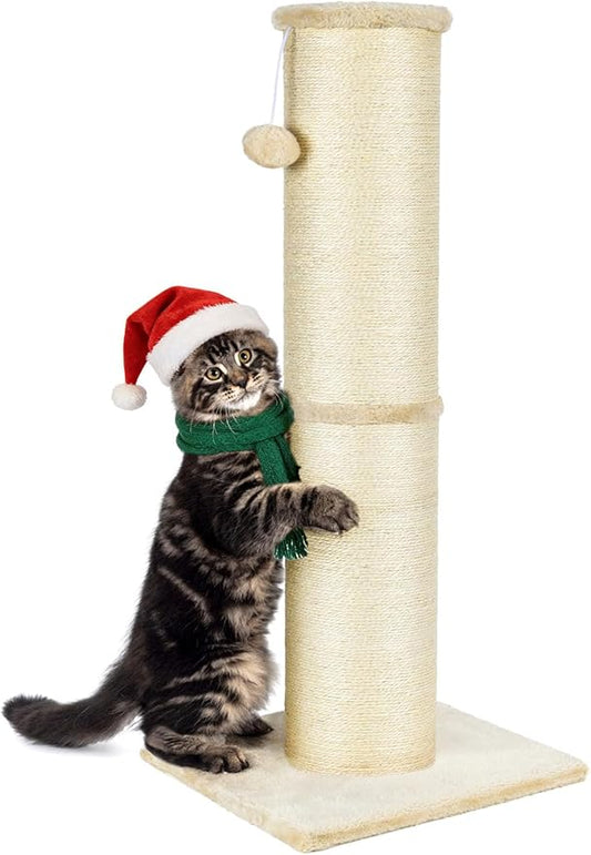 PAWSCRAT Cat Scratching Post 32 Inch High, 5.5 Inch Large Diameter Natural Sisal Cat Scratch Post, Scratch-Resistant and Durable Tall Cat Scratcher for Indoor Cats, Protect Your Furniture, Beige