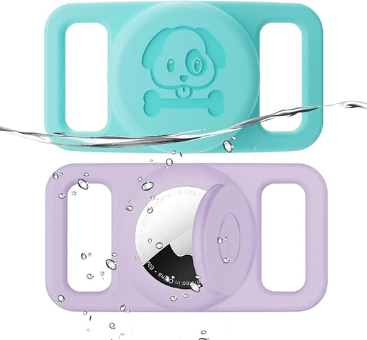 2 Pack Waterproof AirTag Dog Collar Holder Compatible with Apple AirTag, Silicone Hidden Loop Holder for Airtag Tracker, Anti-Lost Dog Collar Air Tag Accessories(Purple,Cyan)
