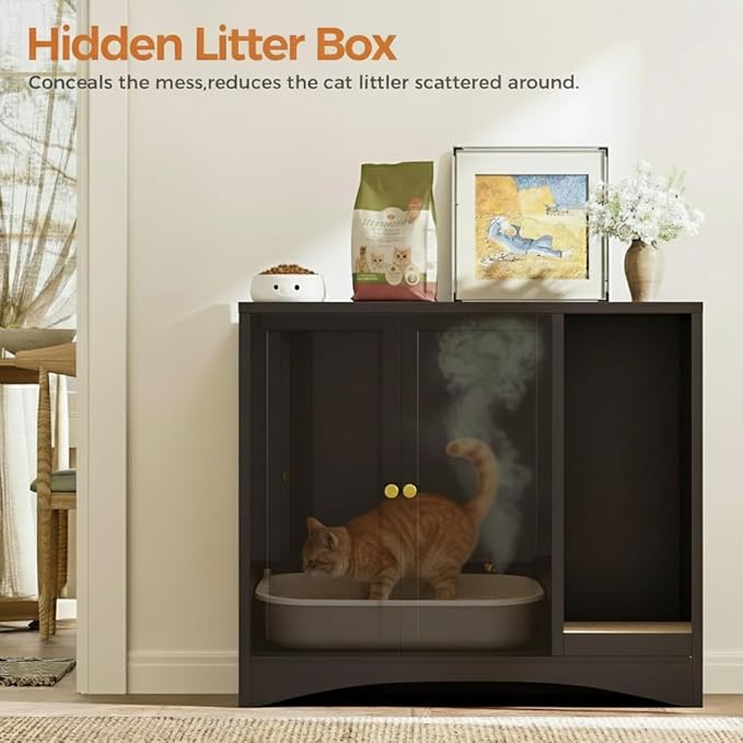 AUN Cat Litter Box Enclosure Hidden Cabinet, Easy Clean Steel Frame Pet House Furniture, Cat Washroom with Curved Entry, Dog-Proof, Black, 31.5x19.6x27.5 Inches, Indoor Use