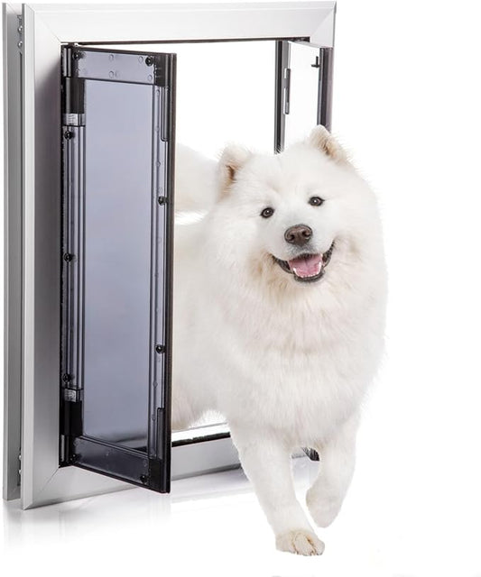 Premium Large Dog Door, Aluminum Pet Door with Double Panels, Doggie Door with Automatic Closing Magnetic Flaps, Slide-in Panel & 4 Security Locks, Weather Resistant & Durable Use, Large