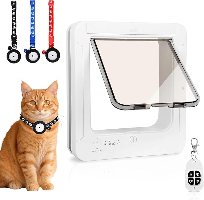 Smart Cat Door for Interior & Exterior, Flap Opening is 7.67’’ (H) by 7'' (W), Microchip Cat Pet Door with 3 RFID Collar Sensor Keys & 1 Remote & 4 Way Locking Cat Flap, Automatic Opening Cat Door