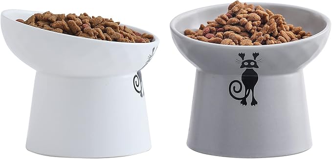 OMAYKEY Ceramic Raised Cat Bowls, Tilted Elevated Cat Food Bowl Set for Cat & Small Dog, Reduce Vomiting and Protect Pets' Spines Dishes Feeder, Lead & Cadmium Free, White & Grey, Set of 2