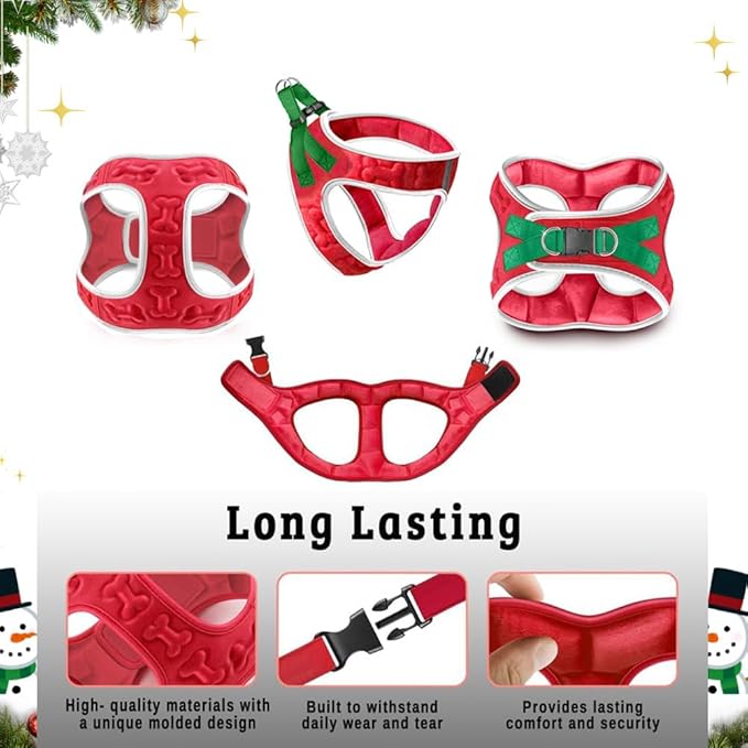 Comfort Fit Christmas Step-in Dog Harness All-Weather Dog & Puppy Harness Adjustable Soft Padded No-Pull Holiday Vest for Small & Medium Dogs Easy to Put On Secure Buckle Fit (Plush Both Side Velvet)