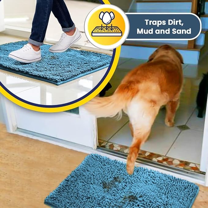 Muddy Mat® | Super Absorbent Door Mat Indoor, Microfiber Quick Dry Chenille Entryway Rug, Non-Slip Front Door Mat, Indoor Mats for Entryway, Machine Washable Pet Rug, Sky Blue 24"x60"