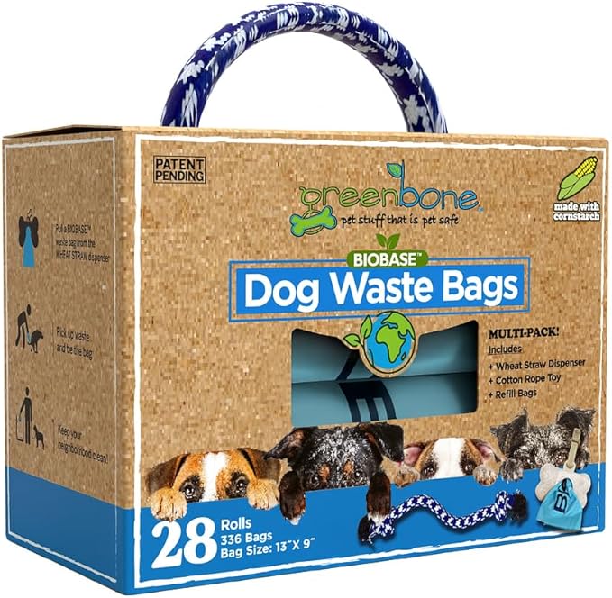 Greenbone BioBase Blue Dog Poop Bag Refills: 28 Rolls - 336 Bags with Dispenser and Rope Toy Handle- Dog Gift Set