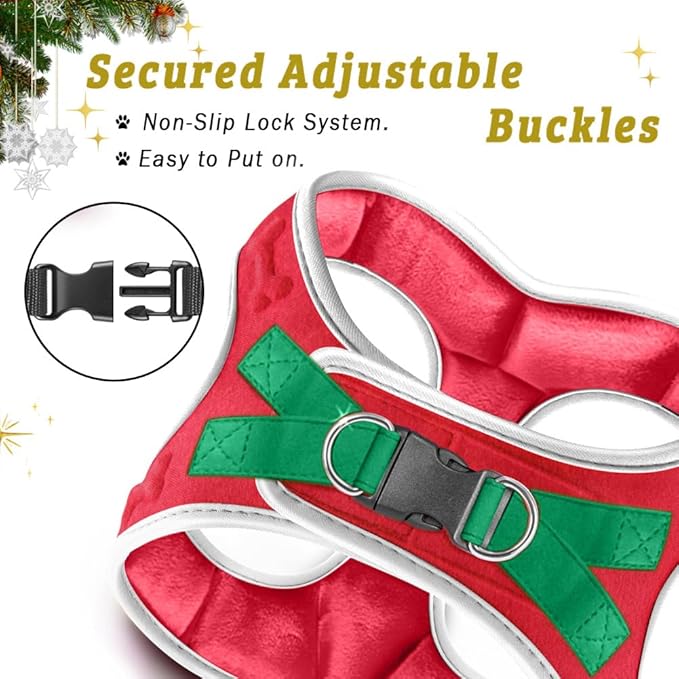Comfort Fit Christmas Step-in Dog Harness All-Weather Dog & Puppy Harness Adjustable Soft Padded No-Pull Holiday Vest for Small & Medium Dogs Easy to Put On Secure Buckle Fit (Plush Both Side Velvet)