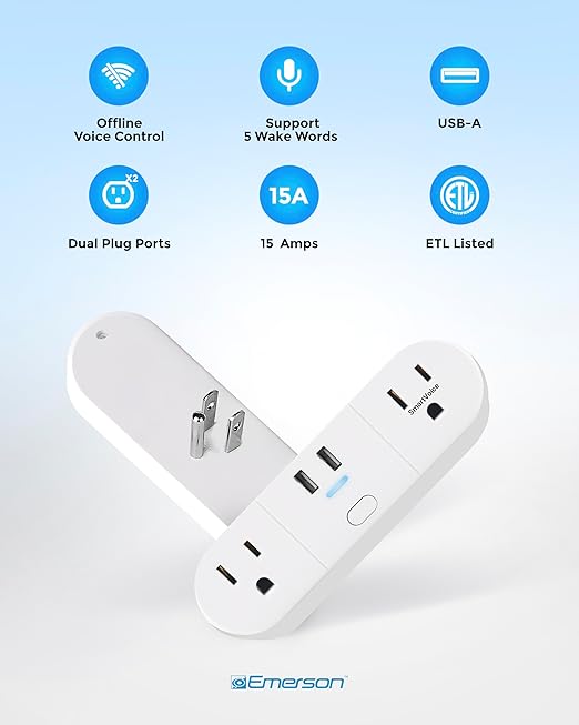 Emerson SmartVoice 4-in-1 Wall Plug, Offline 30+ Voice Control Commands, No APP, No WiFi, No Setup, Smart Outlet w/ 2 AC Outlets, 2 USB-A Ports, Sleep & Wake Timer, ETL Listed