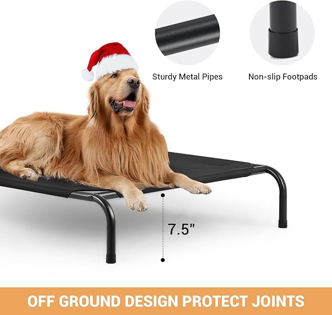 Outdoor Elevated Dog Bed, Cooling Breathable Raised Dogs Cot Beds for Large Dogs, Outside Portable Pet Hammock, Black Metal Frame, Skid-Resistant Feet, Easy Clean, Indoor Outdoor Use,51.1×31.5×7.4 in