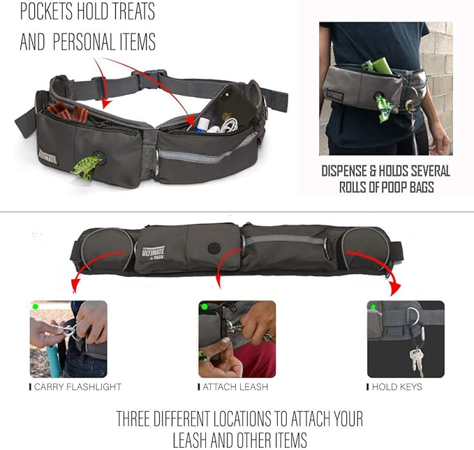 TAKSIN The Ultimate Hands Free Dog Leash System for Walking Running Hiking Training, Reflective Bungee Leash, Treat Holder, Poop Bag Dispenser for Small Medium Large Dogs (Grey Deluxe Pack)