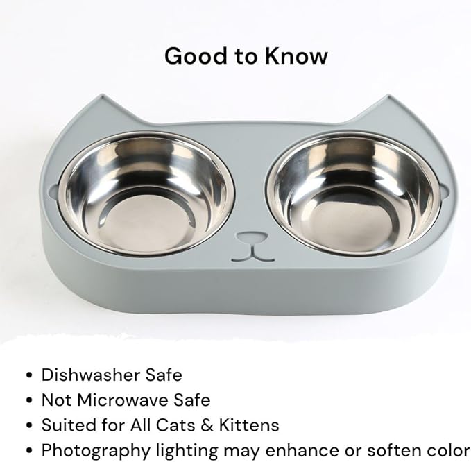 7 Ruby Road Cute Cat Bowls for Indoor Cats and Kitty, Double Cat Food Water Bowl Set with 2 Stainless Steel Pet Dishes and Grey Silicone Feeding Station, 350ml Kitten Bowls for Wet & Dry Food