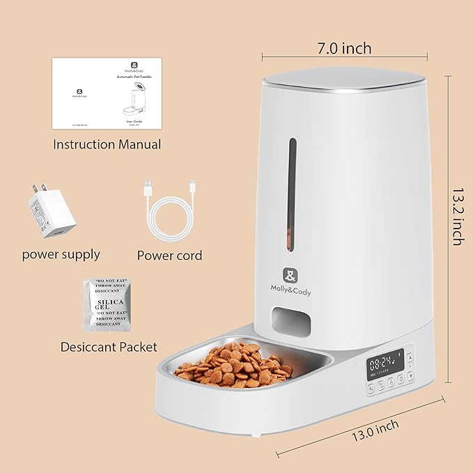 Automatic Cat Feeder,4L Programmable Timed Dog Food Dispenser,Portion Control,Pet Dry Food Container,Up to 60 Portions 6 Meals/Day,Opaque White,for Cats and Small Medium Dogs,for Travel & Weekend Use